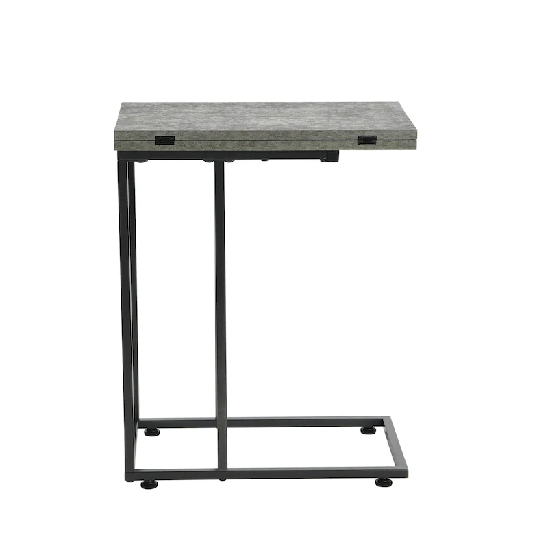 C-Shape Side Table, Faux Stone Top, Black Frame, Space-Saving Design