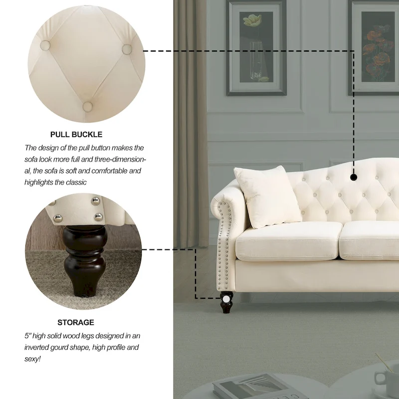 Chesterfield 3-Seater Upholstered Tufted Sofa with Rolled Arms and Nailhead