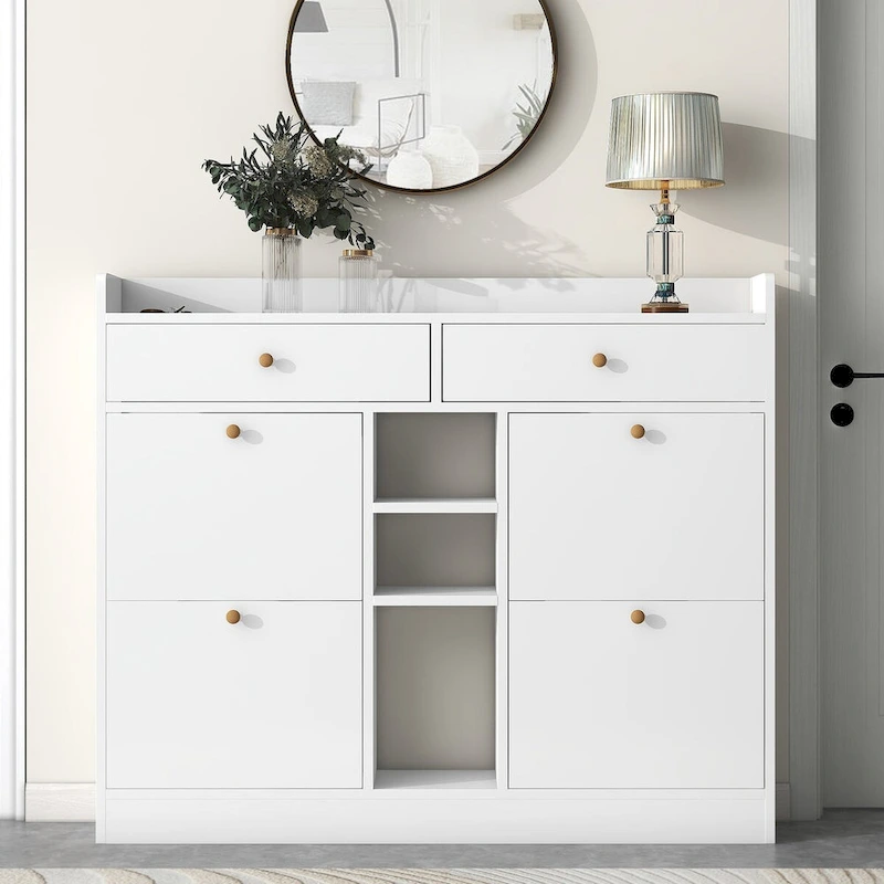 2-Tier Shoe Rack Cabinet with 4 Flip Drawers, White Free Standing Storage Organizer