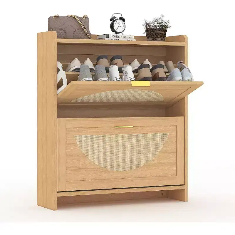 2 Flip-Drawer Shoe Storage Cabinet - Narrow Free Standing Organizer with Rattan Doors for Entryway/Hallway, Natural (1-Pack)
