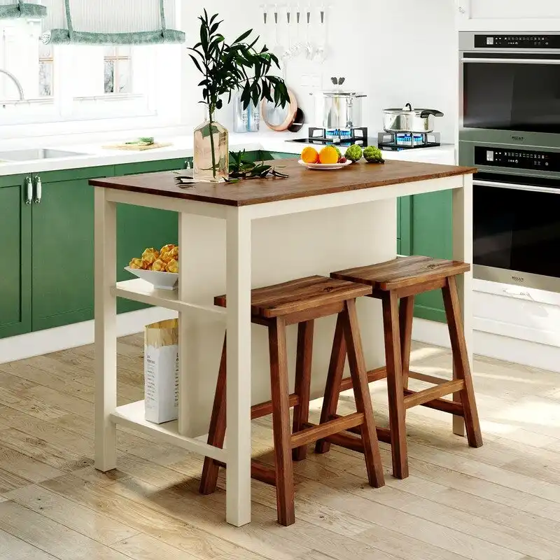 Rustic 3-Piece Solid Wood Kitchen Island Set  45 Stationary Butcher Block Table With Two Seating Stools & Dual Open Shelves.