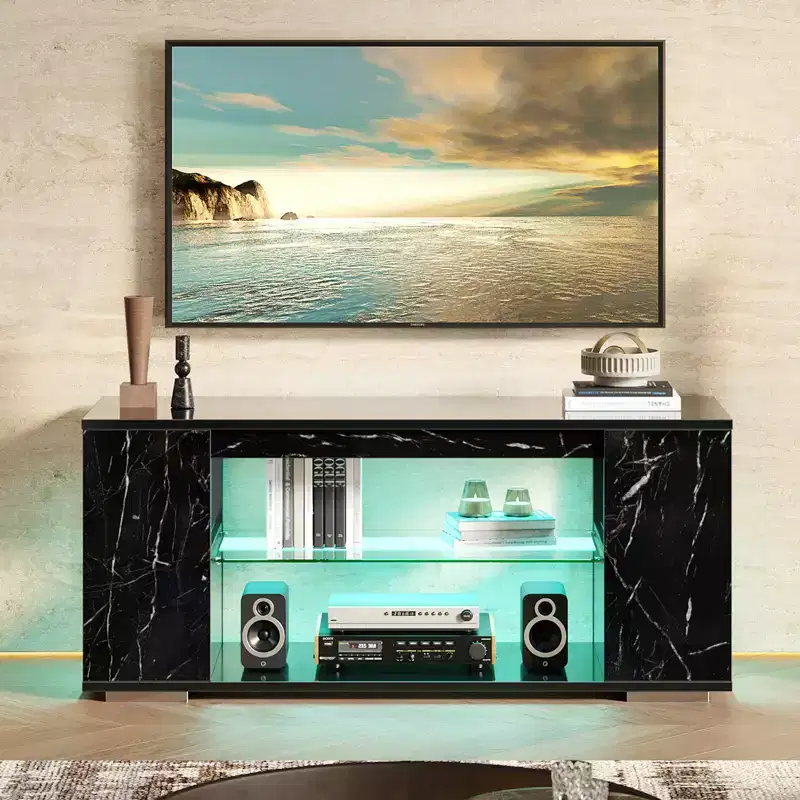 Particle Board TV Stand with LED Lights and Tempered Glass Shelves, 47.2
