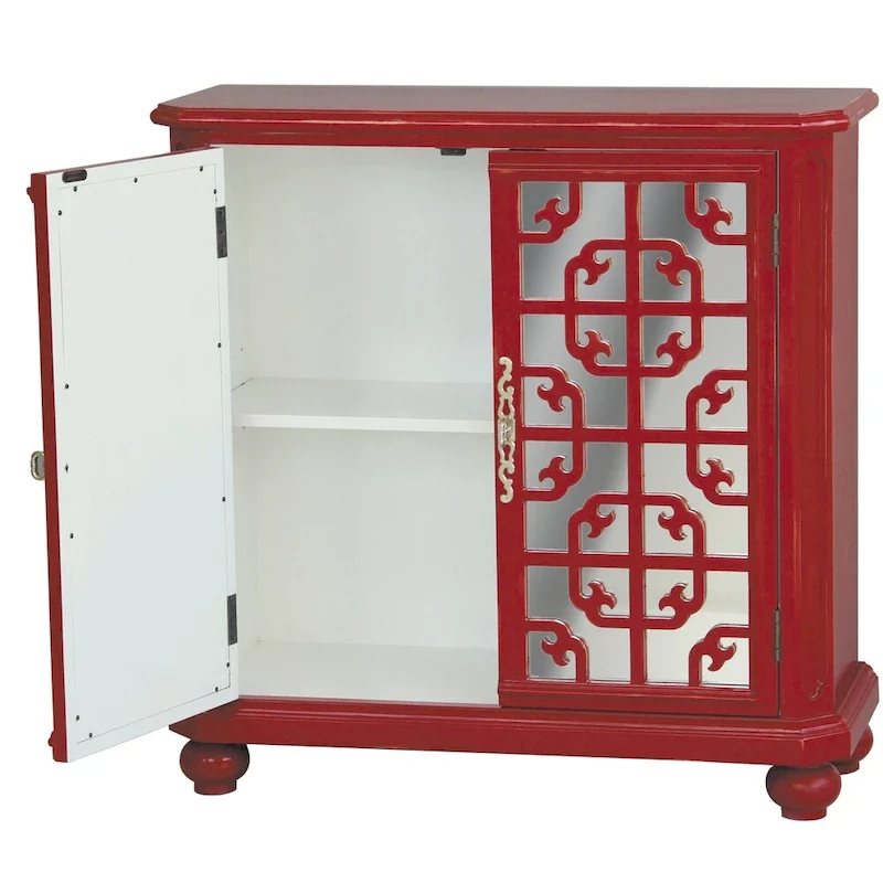 Hand Painted Distressed Red & Mirrored Accent Chest - 13 x 34 x 34