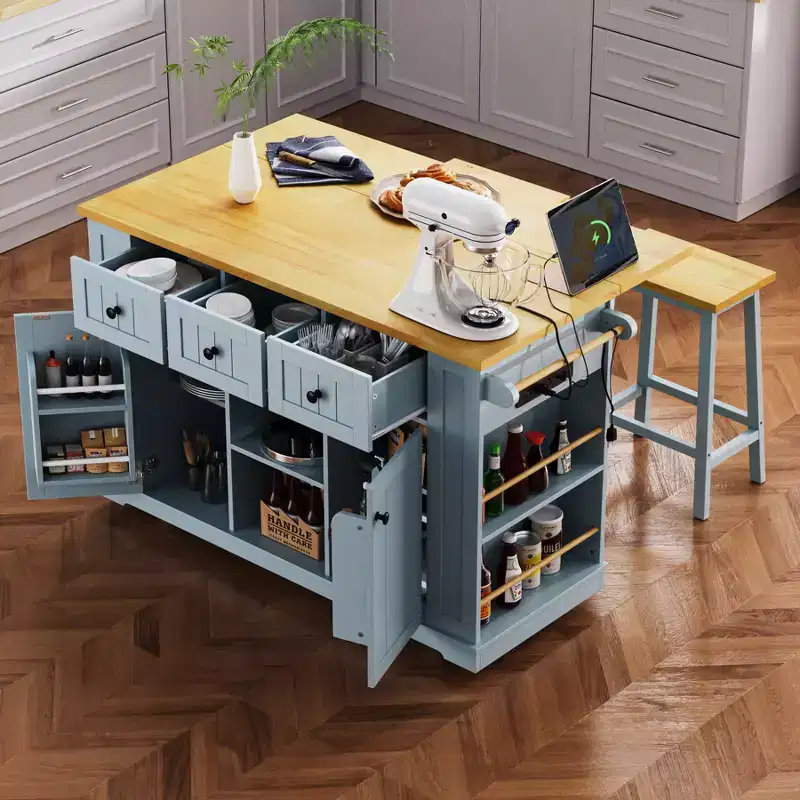 CASAINC 50 Kitchen Island With 2 Bar Stools, Drop Leaf, Power Outlet, Open Racks and Drawers on Wheels