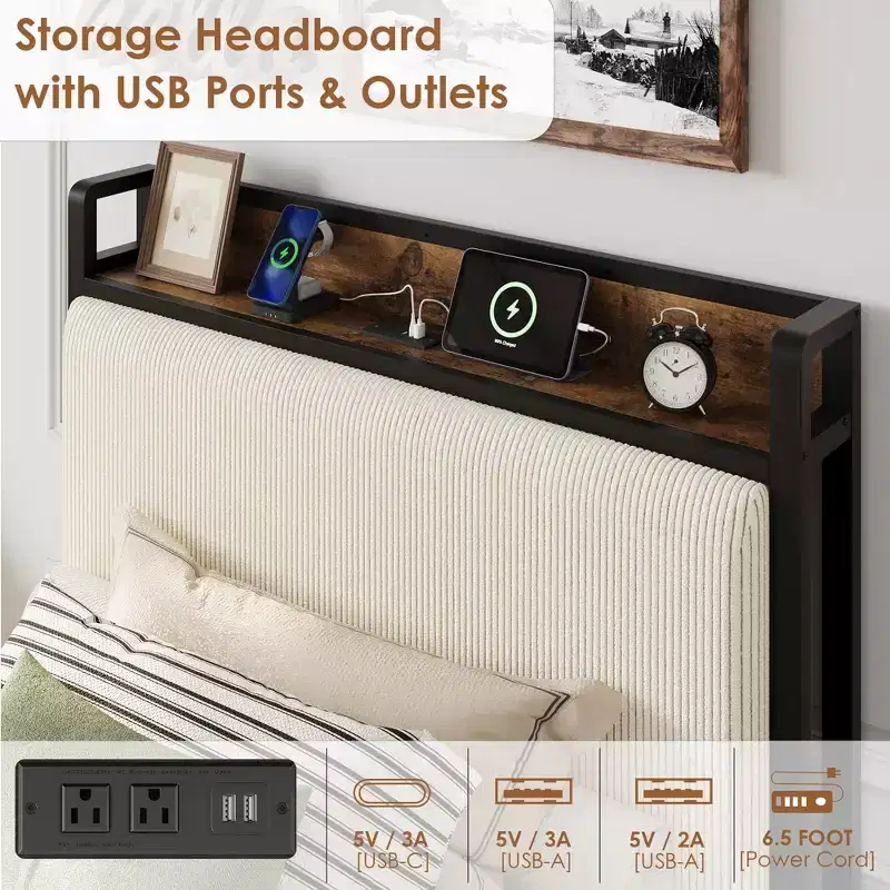 Rustic Linen Upholstered Twin Platform Bed with Storage Headboard, 2 Drawers & Charging Station