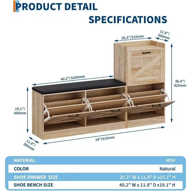 Shoe Storage Bench with 4 Flip Drawers & Padded Seat Cushion, Wooden Narrow Hidden Shoe Cabinet Organizer