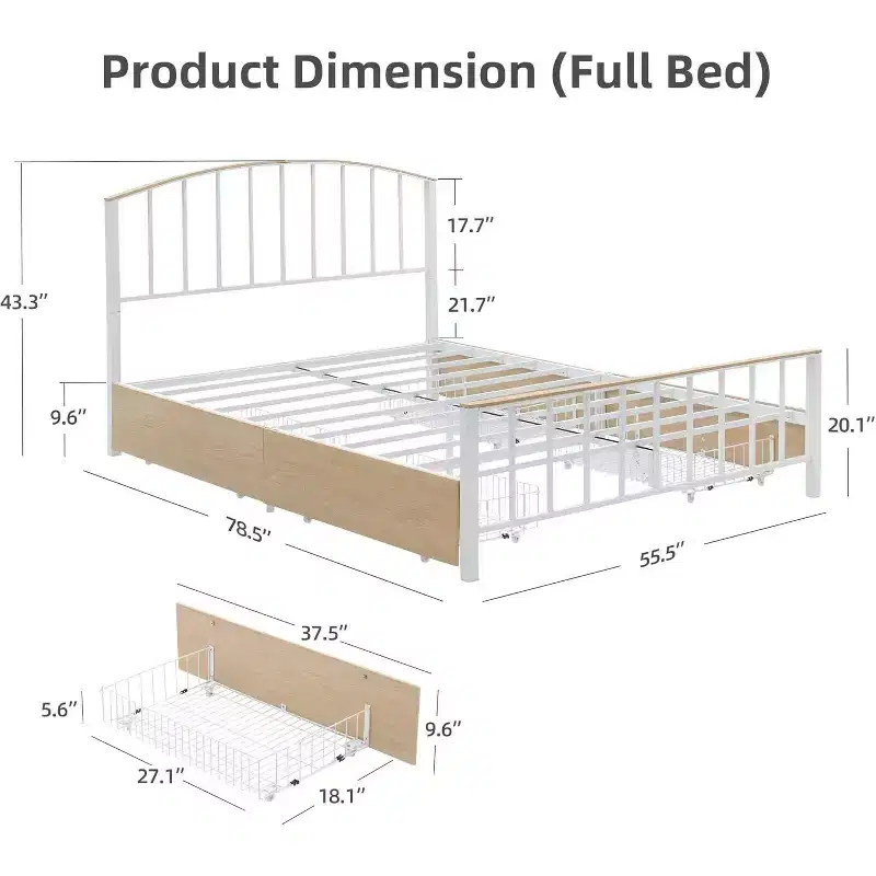 Bed Frame Metal Platform with Headboard,4 Storage Drawers Bed Frame, Queen Size Sturdy BedFrame with Under Bed Storage/No Box Spring Needed