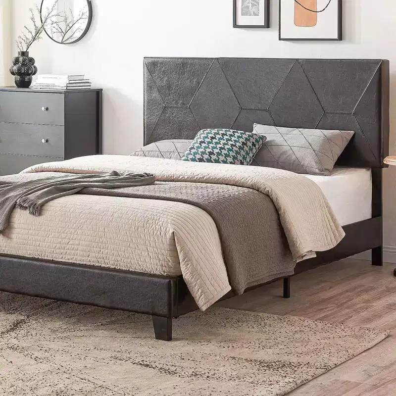 Queen Size Upholstered Platform Bed Frame, Wood Slat Support, Easy Assembly, Black, PU