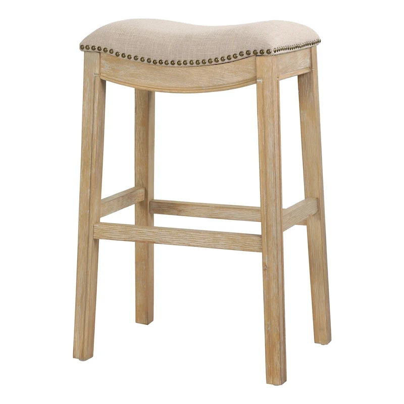 Saddle-Seat Wood Bar Stool with Upholstered Seat, Nailhead Trim