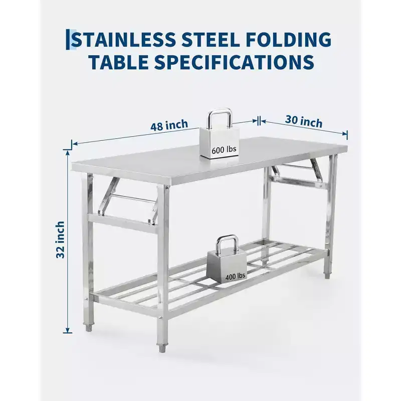 Heavy-Duty Stainless Steel Folding Table - 2-Tier Collapsible Workbench with Undershelf - NSF Certified, Portable, Space-Saving, Easy to Clean