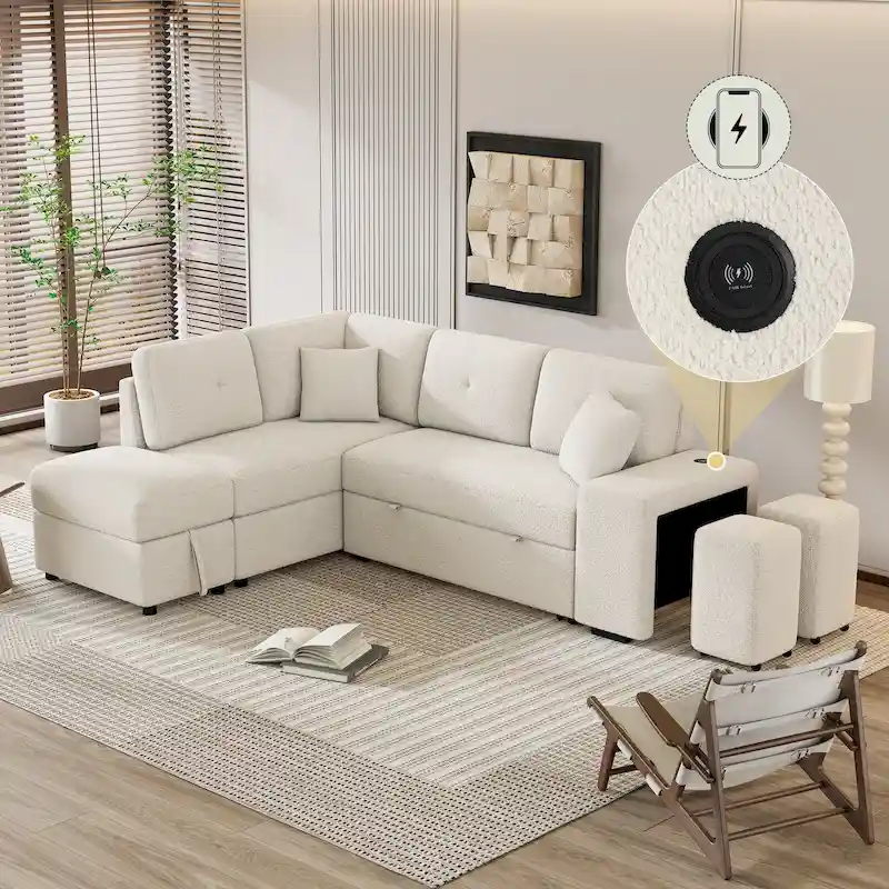 Roomfitters Convertible Sleeper Sectional Sofa Bed with Storage Ottoman, Two Throw Pillows, Two Stools, Wireless Charger