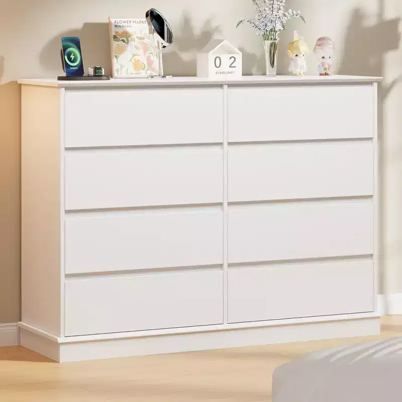 Large 8 Drawer Double Dresser with Deep Drawers & Wide Top, Horizontal Wooden Storage Chest Organizer for Living Room, Hallway, Entryway & Office