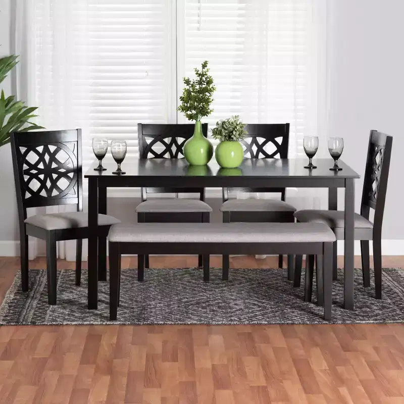 6-Piece Rectangle Dining Set 4 Chairs 1 Bench Rubberwood Openwork Back Seats 6