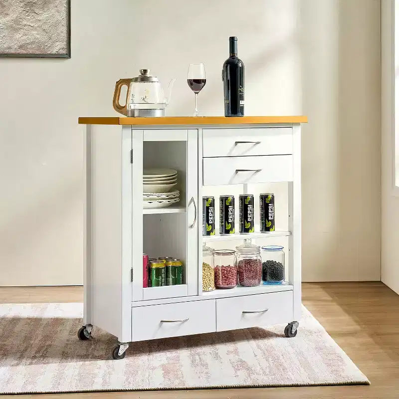 Okak Kitchen Island Cart with Glass Cabinet Door, Kitchen Cart with 4 Drawers, 1 Shelf and Towel Bar, Countertop Organizer for Dining Room, White+Oak