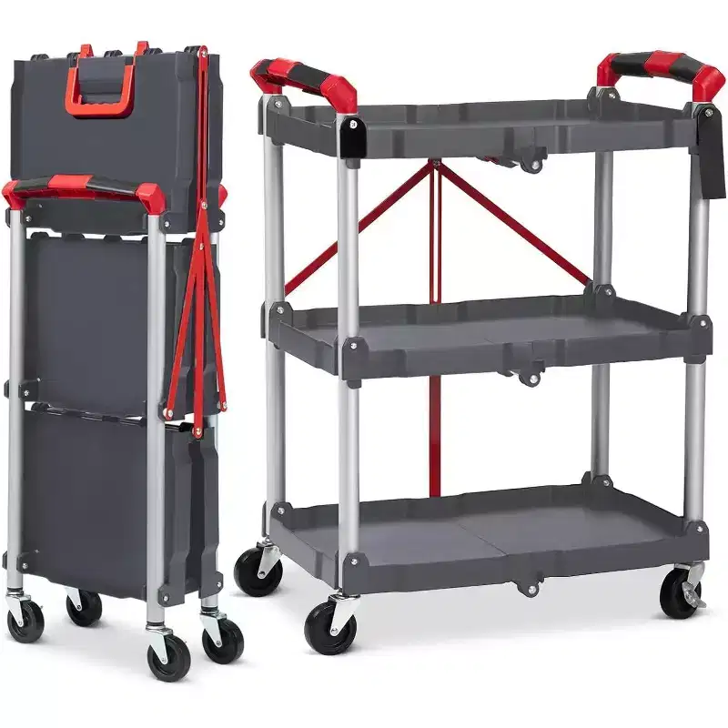 3-Tier Portable Folding Service Cart, Collapsible Push Cart with Wheels, 56 Lbs Load Capacity per Shelf, for Home/Office/Warehouse Gery