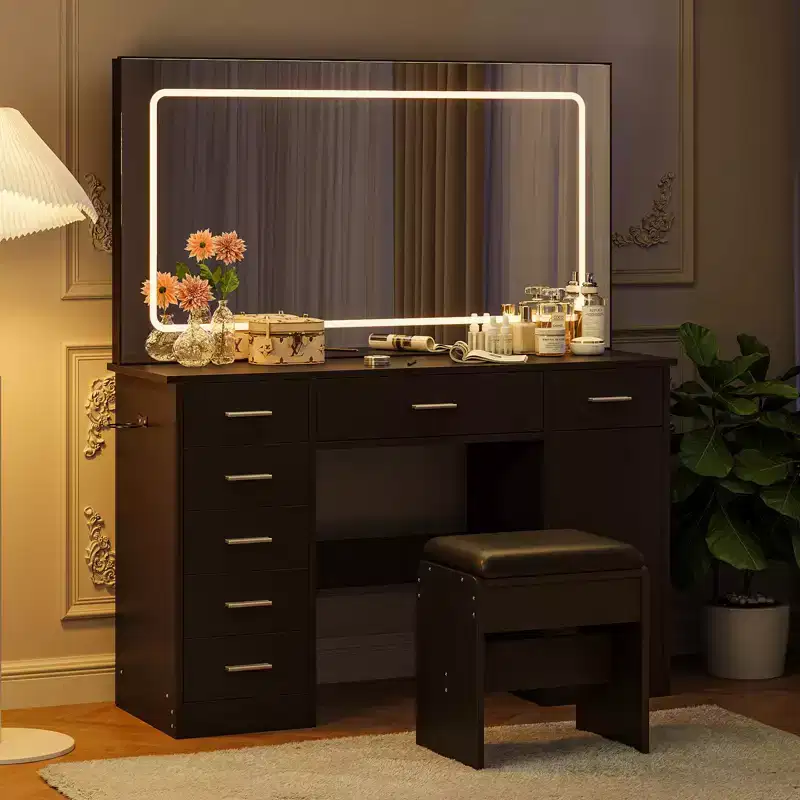 Makeup Vanity with 3-Mode LED Lighted Mirror & Charging Outlets, Large Vanity Desk with 7 Drawers & Storage Cabinet, Modern Dressing Table