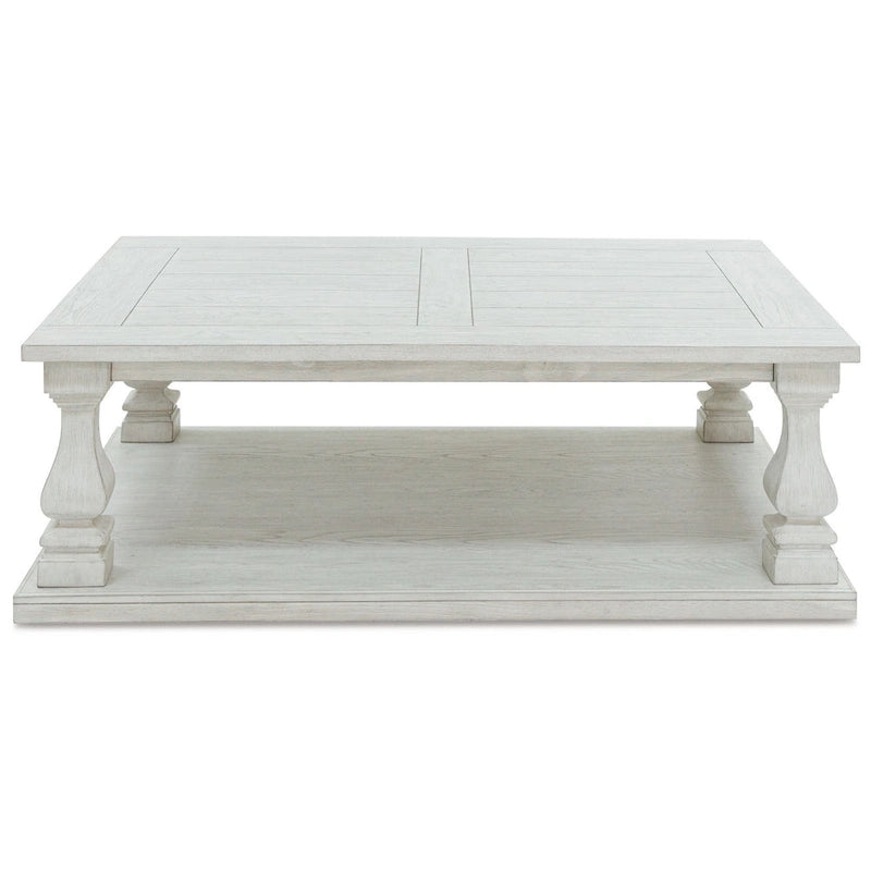 Cocktail Coffee Table, Plank Top, Balusters, 54 Inch White Wood