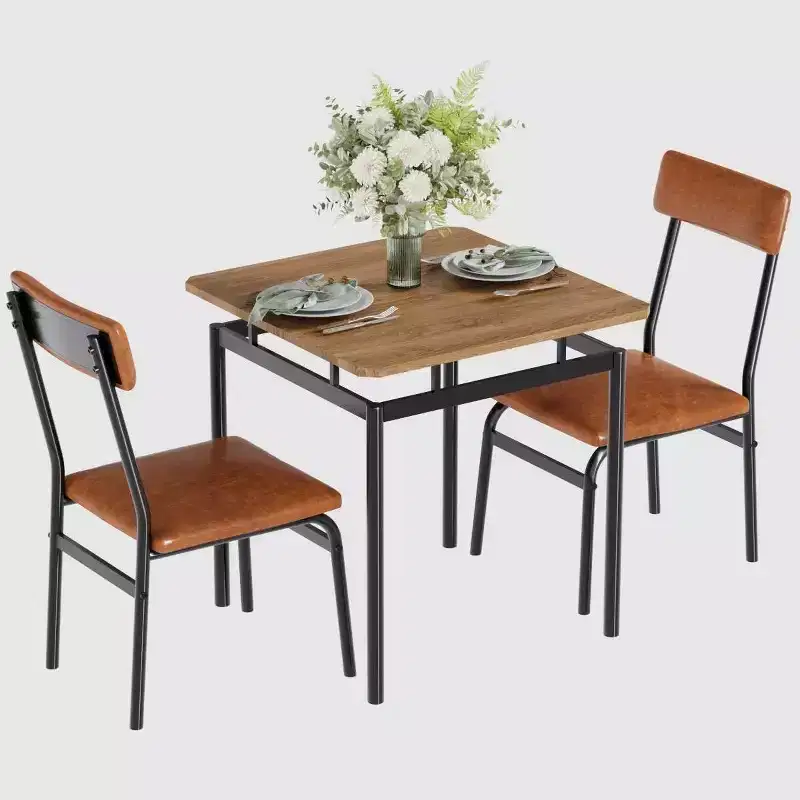 3-Piece Brown Industrial Dining Table Set for 2 with PU Upholstered Chairs, Space-Saving Metal Frame Kitchen Dinette for Small Spaces