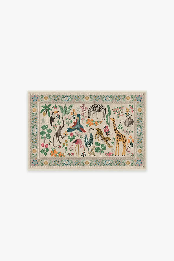 Tropical Artistic Flatwoven Rug with Washable Colorful Jungle Animal Pattern for Living Room & Kids Room