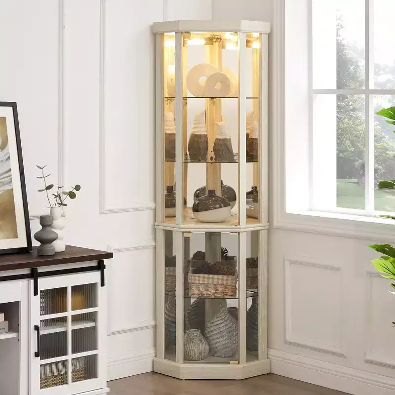 Corner Cabinet with Curio Glass Doors and Shelves, Corner Display Case for Living Room