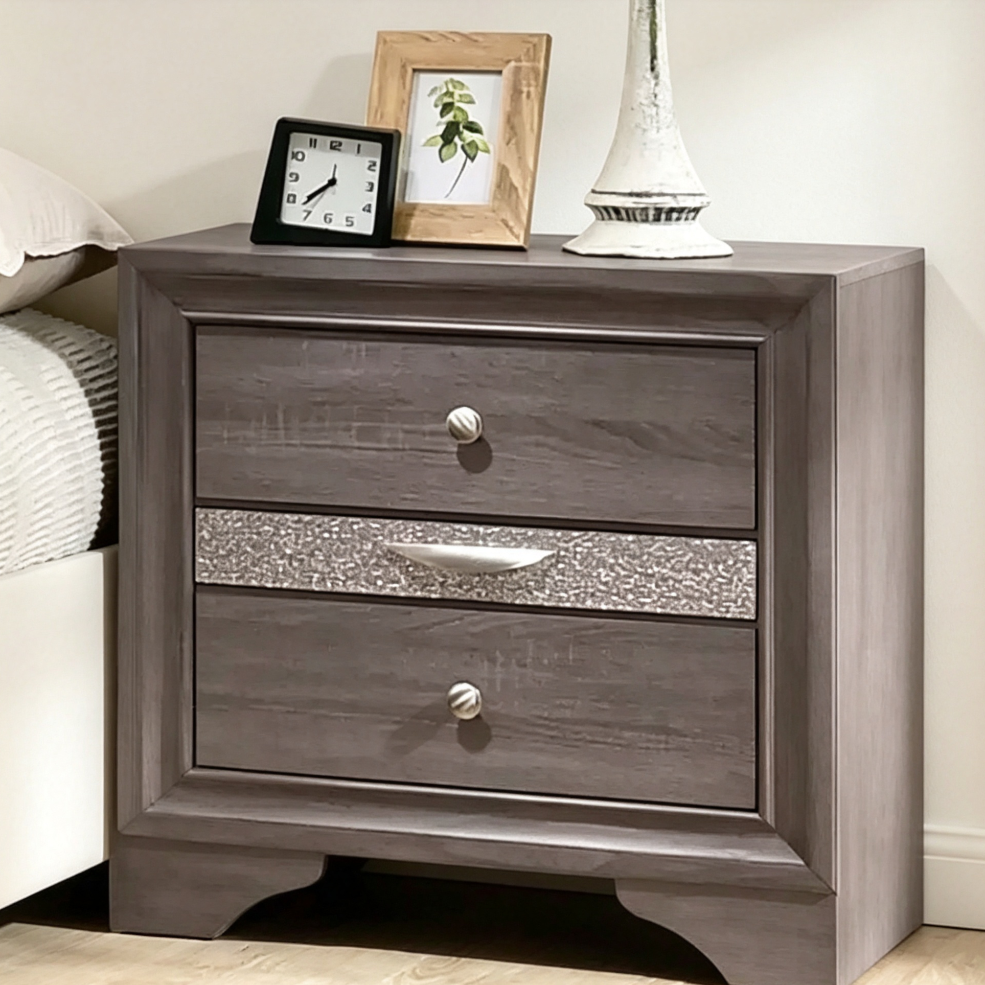 Contemporary Nightstand with Hidden Jewelry Drawer - Gray, Silver Accents