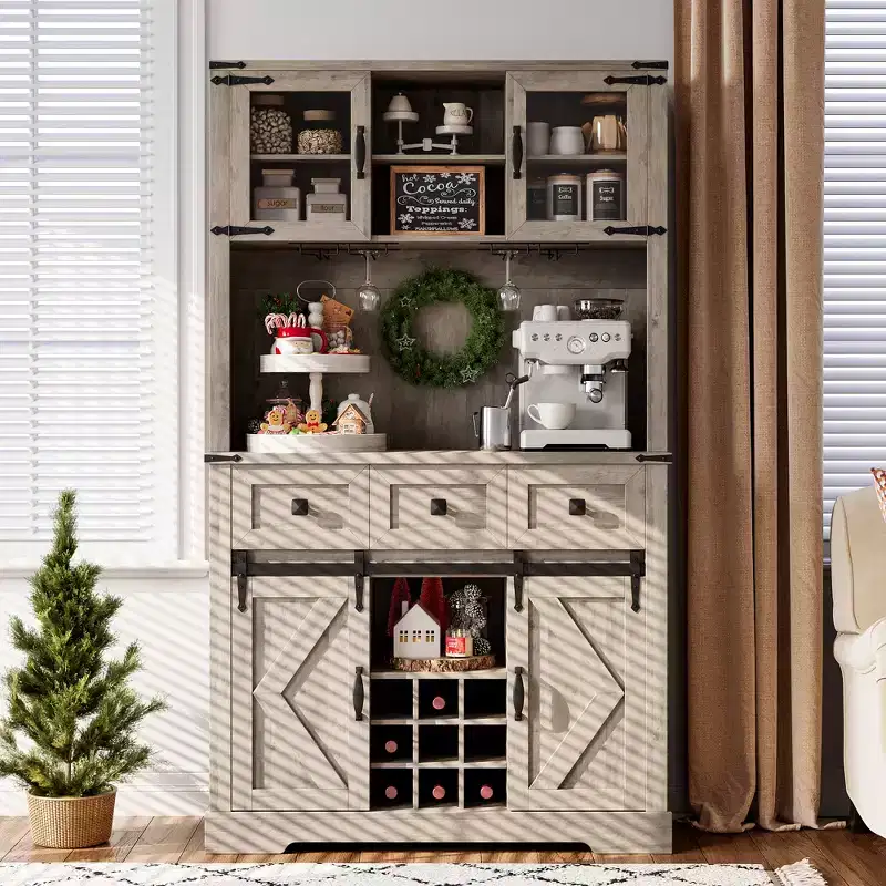 Wood Farmhouse Bar Cabinet 72''H with Sliding Barn Door & 3 Drawers