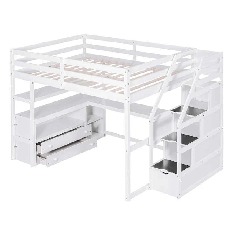 Full Size Loft Bed w/Desk,Shelves,Built-inDrawers,Storage Staircase