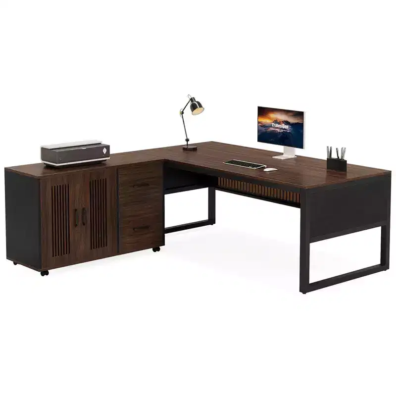63-Inch L-Shaped Executive Desk, Modern Large Computer Desk with Mobile File Cabinet for Home Office