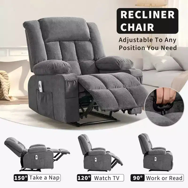 Large Recliner Chair, Manual Reclining Sofa with Massage and Heat, Comfy Sofa Chair with 3 Positions, 2 Side Pockets, 2 Front Pockets and 2 Cup Holder