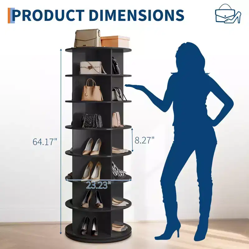 GustoWave 7 Tier Rotating Shoe Rack Tower, Free Standing Spinning Shoes Organizer, 360Revolving Vertical Shoe Display, Round Shoes Storage Rack