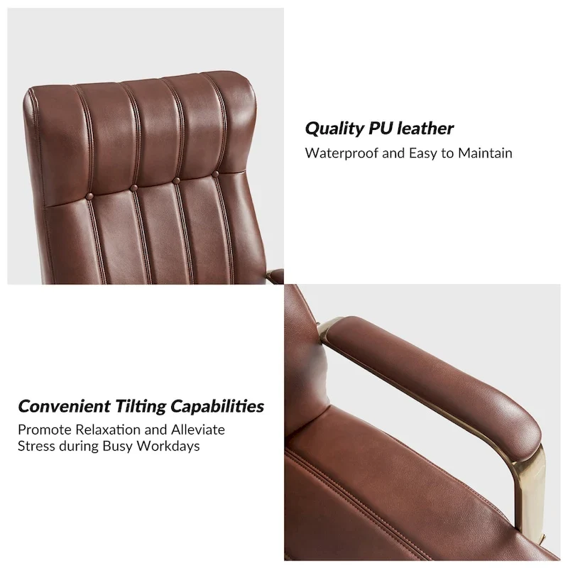 Mid-Century Modern Vegan Leather Swivel Tilting Office Chair with Channel Tufted and Metal Feet