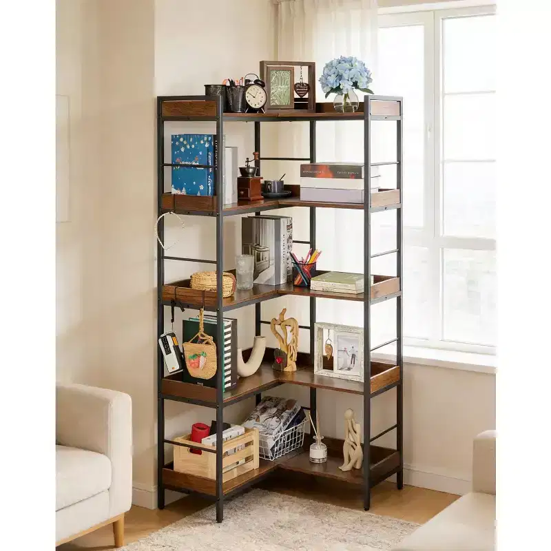 5 Tier Reversible Corner Bookshelf, 65in Industrial Bookcase with 4 Hooks, Open Shelves & Metal Frame for Living Room Bedroom Office, Rustic Brown