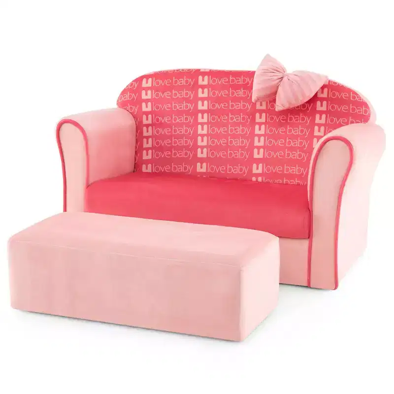 Costway Kids Double Sofa Velvet Upholstered Sofa Couch w/Footstool & Armrests Pink