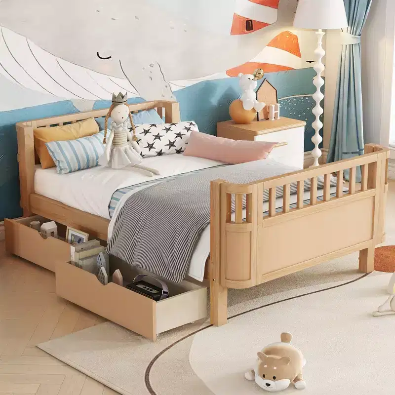 Twin/Full Size Wood Platform Bed for Kids, Low Profile Bed with Safety Rails & Storage Drawers for Bedroom - ModernLuxe