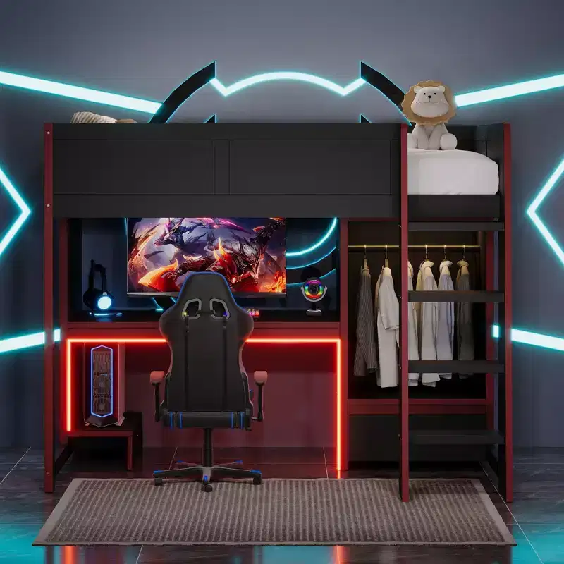 Twin/Full Gaming Loft Bed with Desk and LED Lights, Wood Loft Bed with Built-in Wardrobe and Drawers