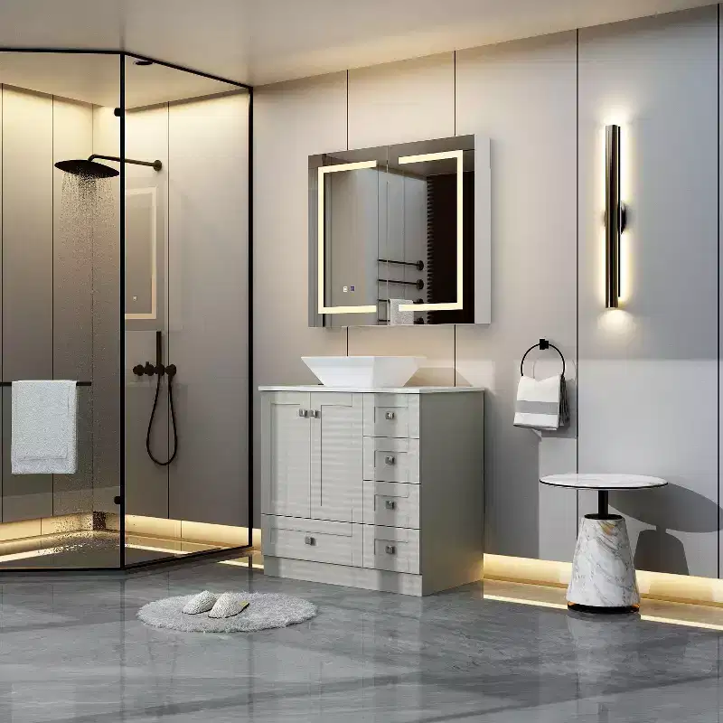 Famapy White Anti-Fog Bathroom Medicine Cabinet with Lights and Two Mirror Doors