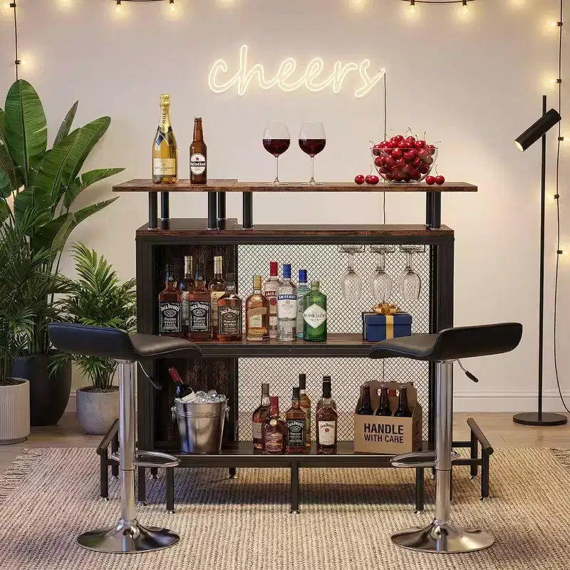 L-Shaped Corner Home Bar Cabinet with Wine Glass Racks and Footrest