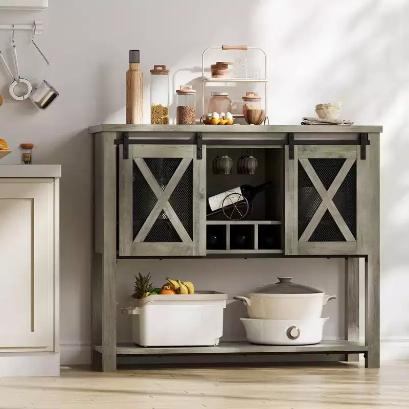 Wine Bar Cabinet with Sliding Barn Door, Coffee Cabinet with Wine Rack and Glass Holder, Kitchen Buffet Sideboard with Storage, Liquor Bar
