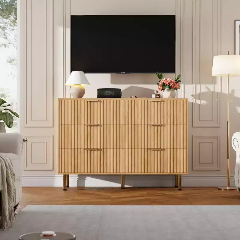 Modern Fluted 6 Drawer Dresser, Wooden Chest with Deep Storage, Large Double Dresser & TV Stand for Bedroom, Living Room, Hallway, Kids Room