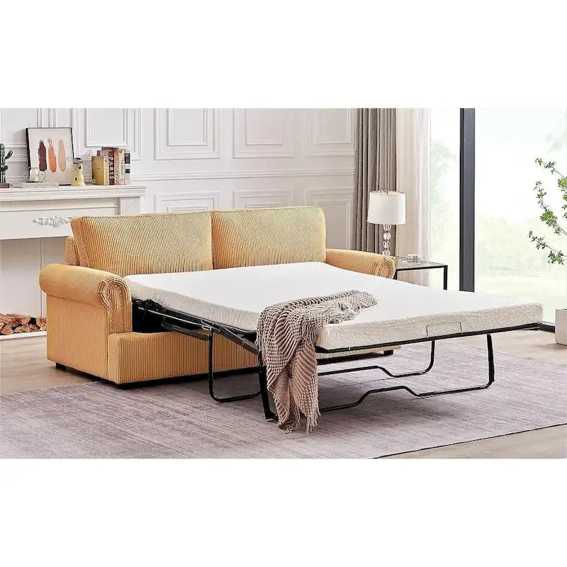 76-Inch Corduroy Sofa Bed with Round Arms and Pull-Out Queen Mattress