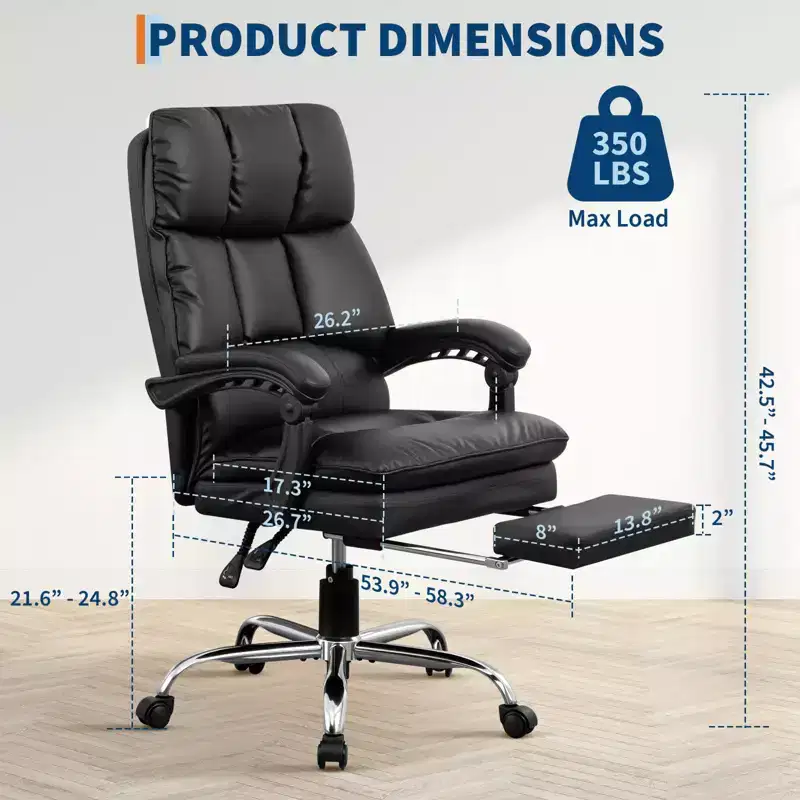 High-Back Executive Office Chair, Black PU Leather with Footrest, 360° Swivel & Ergonomic Support