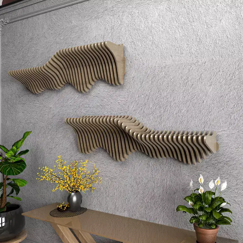HomeStock Parametric 50 inch Floating Shelf TV Unit Modern Geometric Wooden Wall Piece Decor Natural Oak Color 3D Wavy Living and Gaming Room Shelf