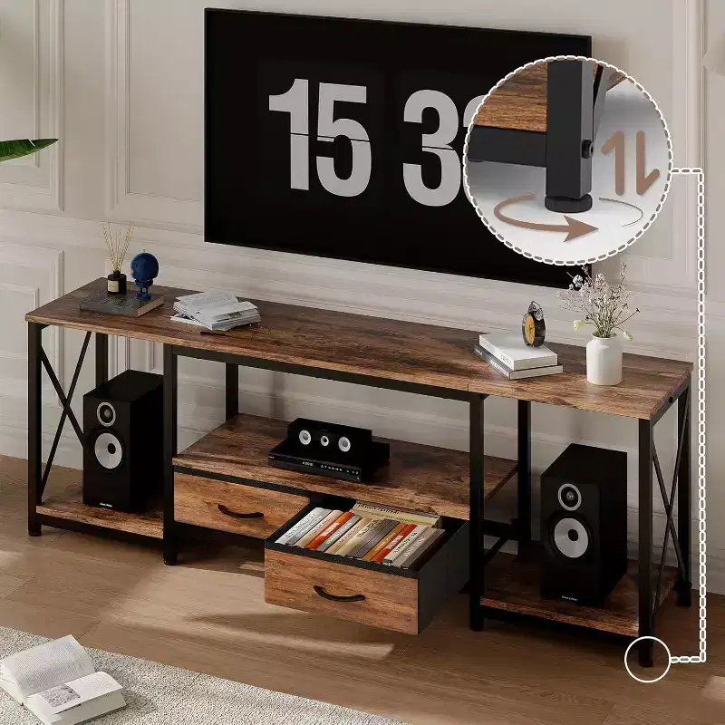 Wood & Fabric TV Console Table with Open Shelves and Drawers