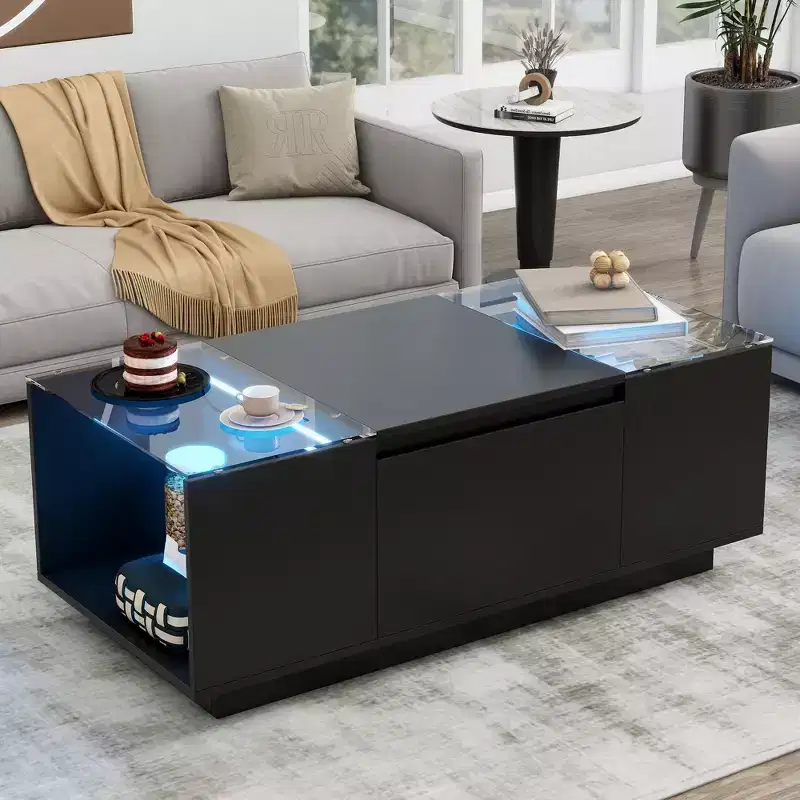 Modern Coffee Table with LED Lights, Rectangle Center Table with Storage and Drawers for Living Room