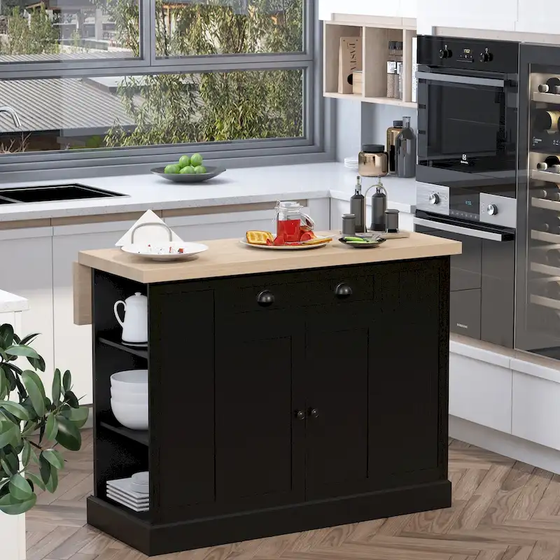 Fluted-Style Wooden Kitchen Island with Drop Leaf, Drawer & Open Shelves