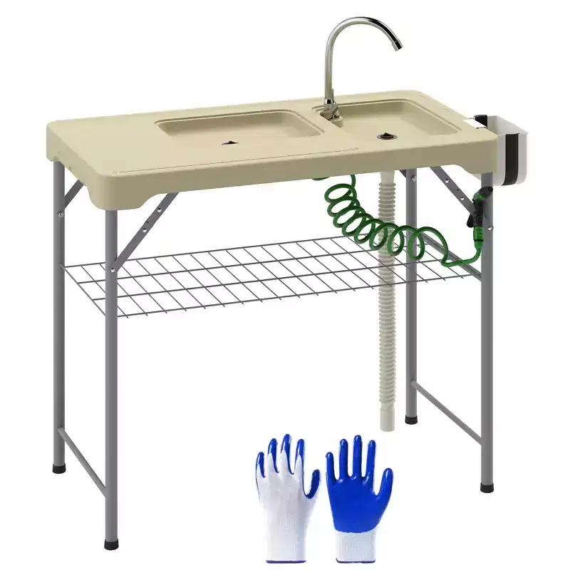 Fish Cleaning Table with Sinks, Portable Camping Sink Table with Faucet, Drainage Hose, Sprayer, Shelf, Drawer and Storage Basket