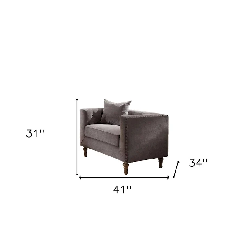 HomeRoots 41 Gray and Antiqued Brass Velvet Tufted Arm Chair And Toss Pillow - 41' X '31' X '34