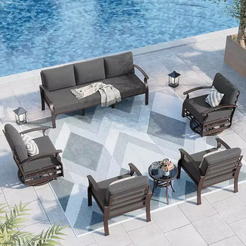ALAULM Aluminum Patio Furniture Set 7-Seat Modern Metal Outdoor Conversation Sets w/Swivel Rocking Chairs Patio Sectional Sofa