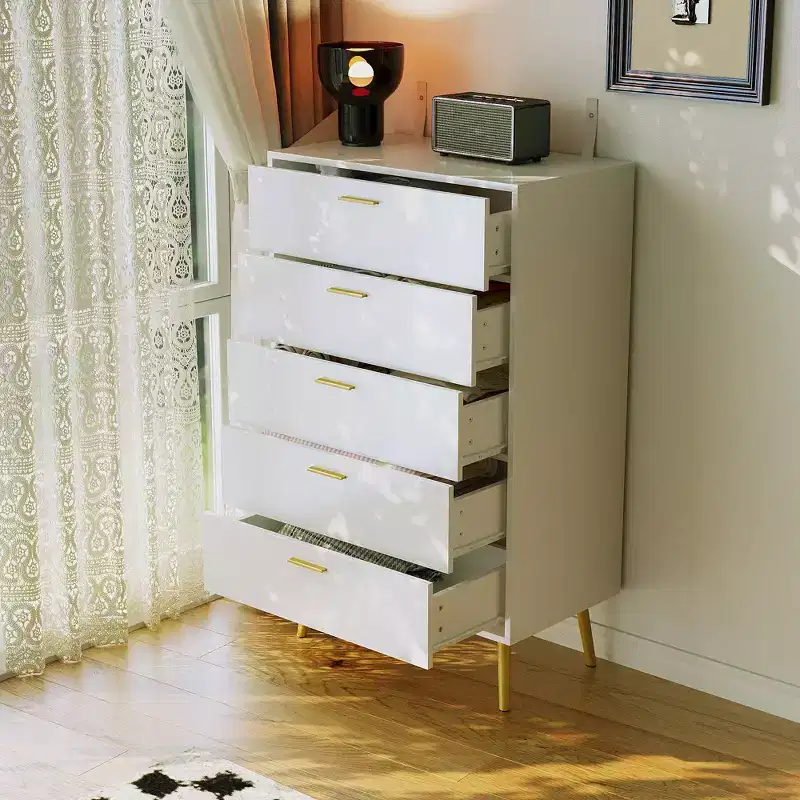 Vertical Dresser Storage Cabinet White 5 Drawer Large Storage Space Tall Cabinet Legs