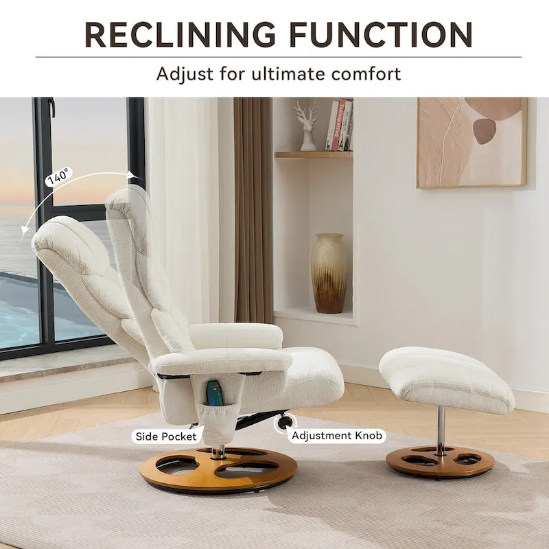 Heated Massage Armchair Chenille Fabric Seating Swivel Recliner Chair with Ottoman, Adjustable Backrest and Remote